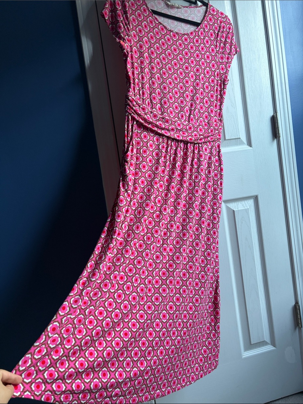 Boden Amelie Jersey Dress Pink Retro Geometric Print Pockets Size 10 - Picture 3 of 9